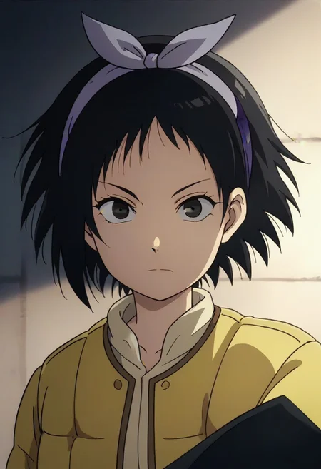 Totori, short hair, black hair, black eyes, yellow jacket, purple hairband, <lora:HeavenlyDelusion:1>,
