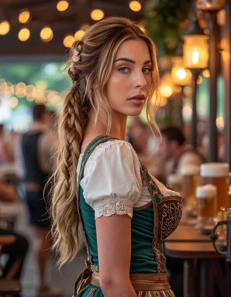 **Prompt:**
A woman  stands proudly in front of a traditional Bavarian backdrop, her long braid cascading down her back like a waterfall. She wears a intricately detailed dirndl attire, complete with delicate lace and embroidery, perfectly capturing the essence of Oktoberfest. Side view.
The camera captures her from a 45-degree angle, emphasizing her slender neck and shoulders as she gazes directly at the viewer. Soft, warm light from a nearby lantern casts a flattering glow on her skin, accentuating her high cheekbones and full lips.
In the background, the real Oktoberfest festivities unfold: revelers in traditional attire dance and sing around tables laden with steins of beer, while others play lively tunes on accordions and brass instruments. The atmosphere is electric, with vibrant colors and sharp lines that create a sense of depth and dimensionality.
As the camera lingers, it becomes clear that this woman is not just any festival-goer â she's the star of the show. Her dirndl attire is immaculately detailed, from the intricate patterns on her apron to the delicate flowers in her hair. Every stitch, every thread, every detail is meticulously rendered, creating a photorealistic masterpiece.
In a stunning double exposure effect, the woman's image is superimposed over a blurred background of revelers and festivities, creating an otherworldly sense of presence. The result is a truly cinematic scene that transports the viewer to the heart of Oktoberfest.
**Technical Specifications:**
* Resolution: 16k UHD
* Aspect Ratio: 1:1
* Frame Rate: 24fps
* Color Space: Rec. 2020
* Lighting: Soft, warm natural light with subtle highlights and shadows
This image is a true masterpiece, showcasing the artist's skill and attention to detail in capturing the essence of Oktoberfest. With its ultra-sharp lines, intricate details, and photorealistic quality, it's sure to be an award-winning work that leaves a lasting impression on all who see it.