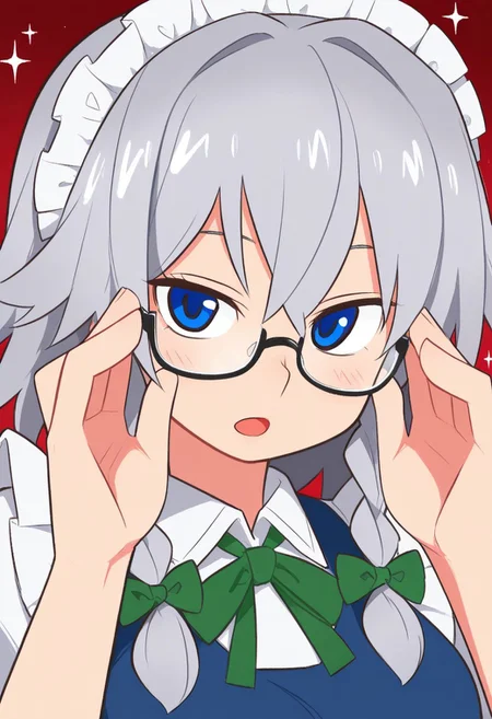 best quality,
1girl, solo, izayoi sakuya, glasses,
adjusting eyewear, sparkles, open mouth,