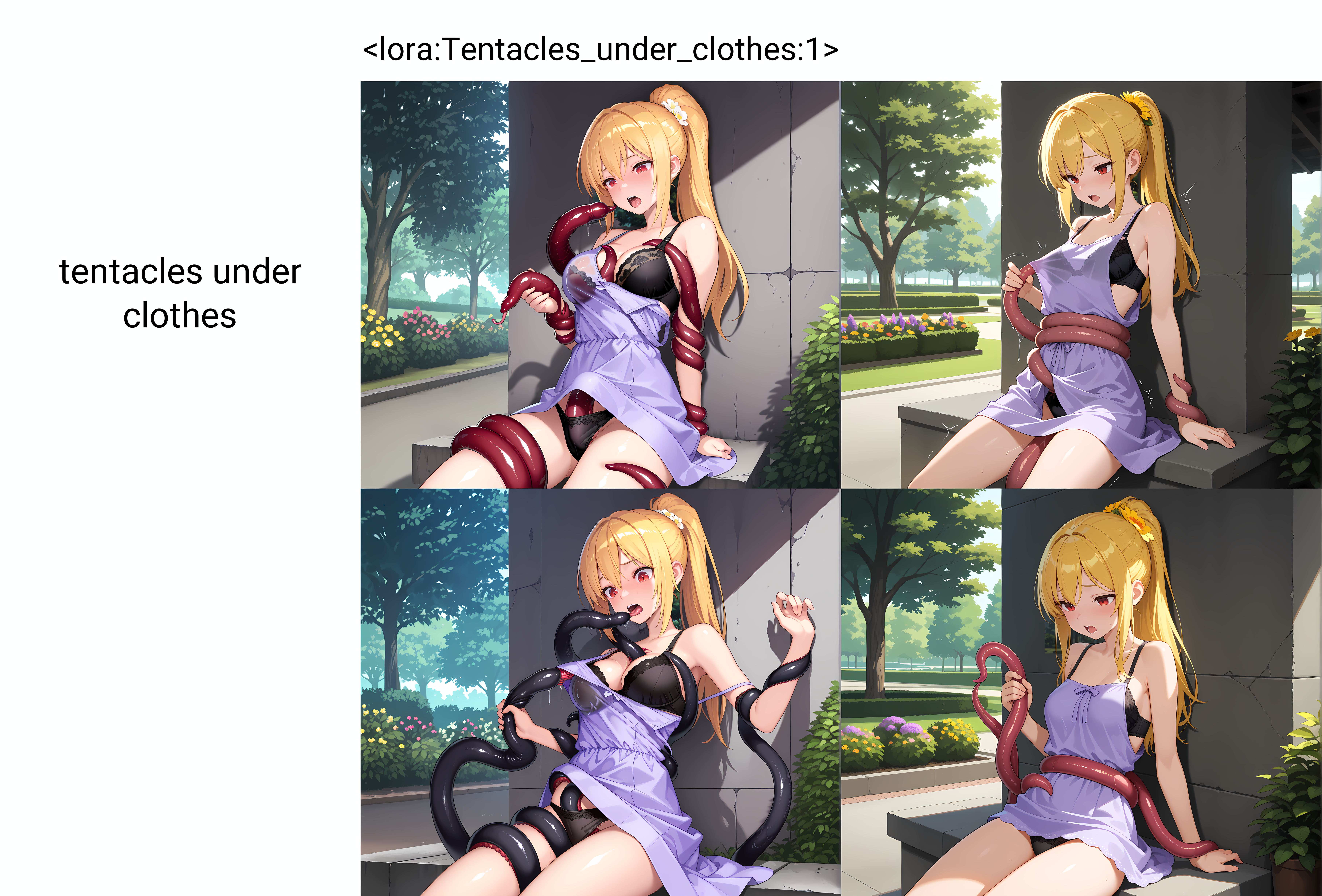 <lora:Tentacles_under_clothes:1>,tentacles under clothes,tentacle grab,tentacles around waist,tentacles under shirt,solo,garden,cowboy shot,1girl,long hair,ponytail,purple sundress,black panties,black bra,yellow hair flower,red eyes,golden hair,outdoors,park,tree,flower,concrete,atmospheric perspective,dynamic lighting,cinematic pose,sitting,moaning,against wall,tentacles,, masterpiece,best quality,amazing quality, very aesthetic, absurdres,detailed eyes,ultra-detailed,