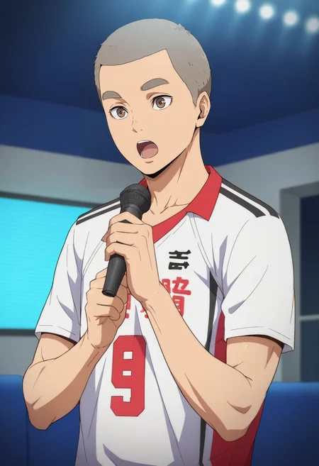 masterpiece, best quality, , (photorealistic:0.6), , 1boy, solo, male focus, <lora:Tamahiko_Teshiro-000009:0.9>, tamahiko_teshiro, grey hair, very short hair, brown eyes, upper body, spaceship, indoors, light, singing, open mouth, ,