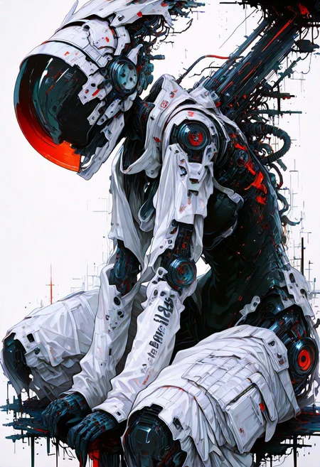 masterpiece, newest,absurdres,very awa,1girl, solo, cyborg, white,eflection, visor, abstract, jacquard fabric, techwear, detailed helmet,mcnm, visor,dynamic pose,