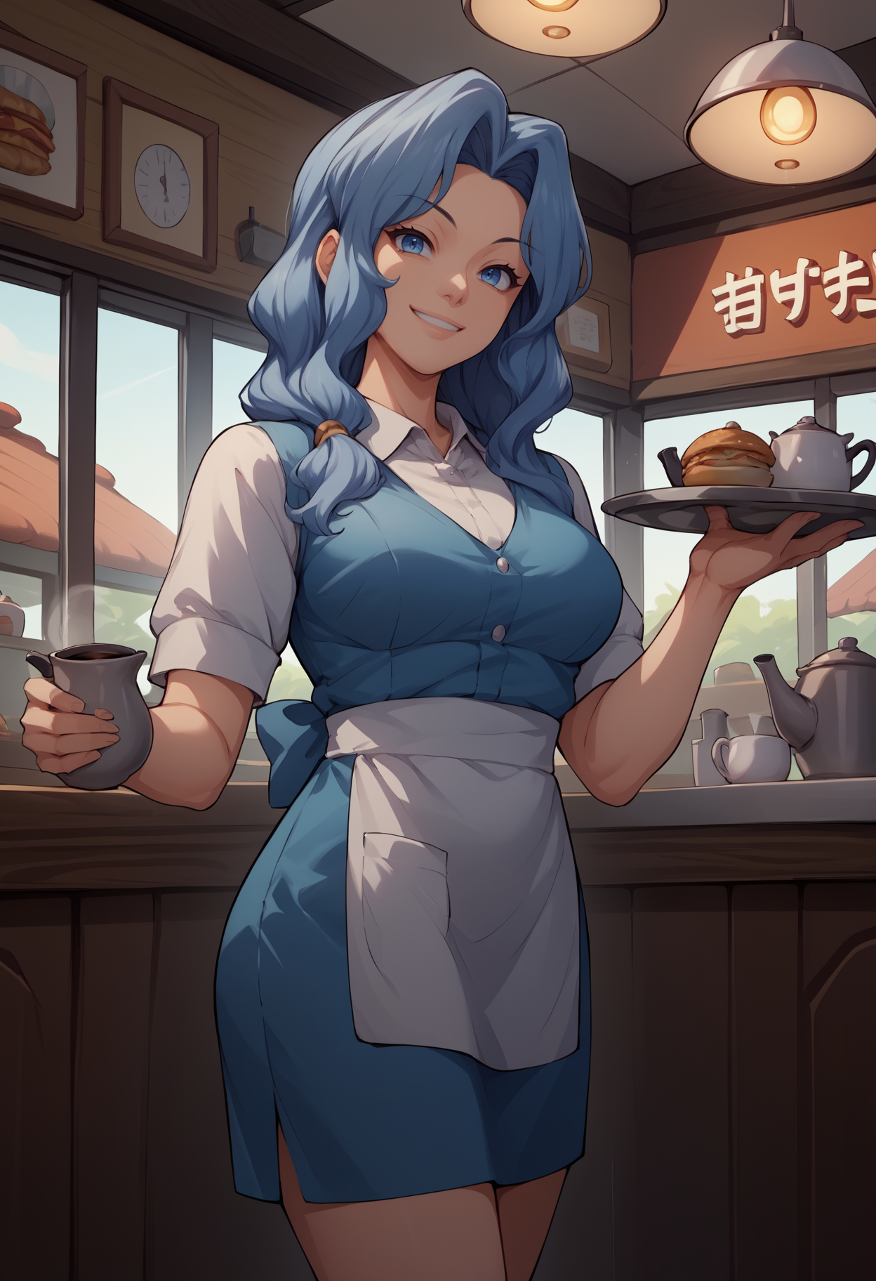 score_9, score_8_up,score_7_up, source_anime, 1girl, solo, <lora:Snq_pdxl_EliPot:1>, SQNA, long hair, blue hair, blue eyes, mature female,
 indoors, diner, holding, coffee pot, waitress, tray, serving, standing, smile