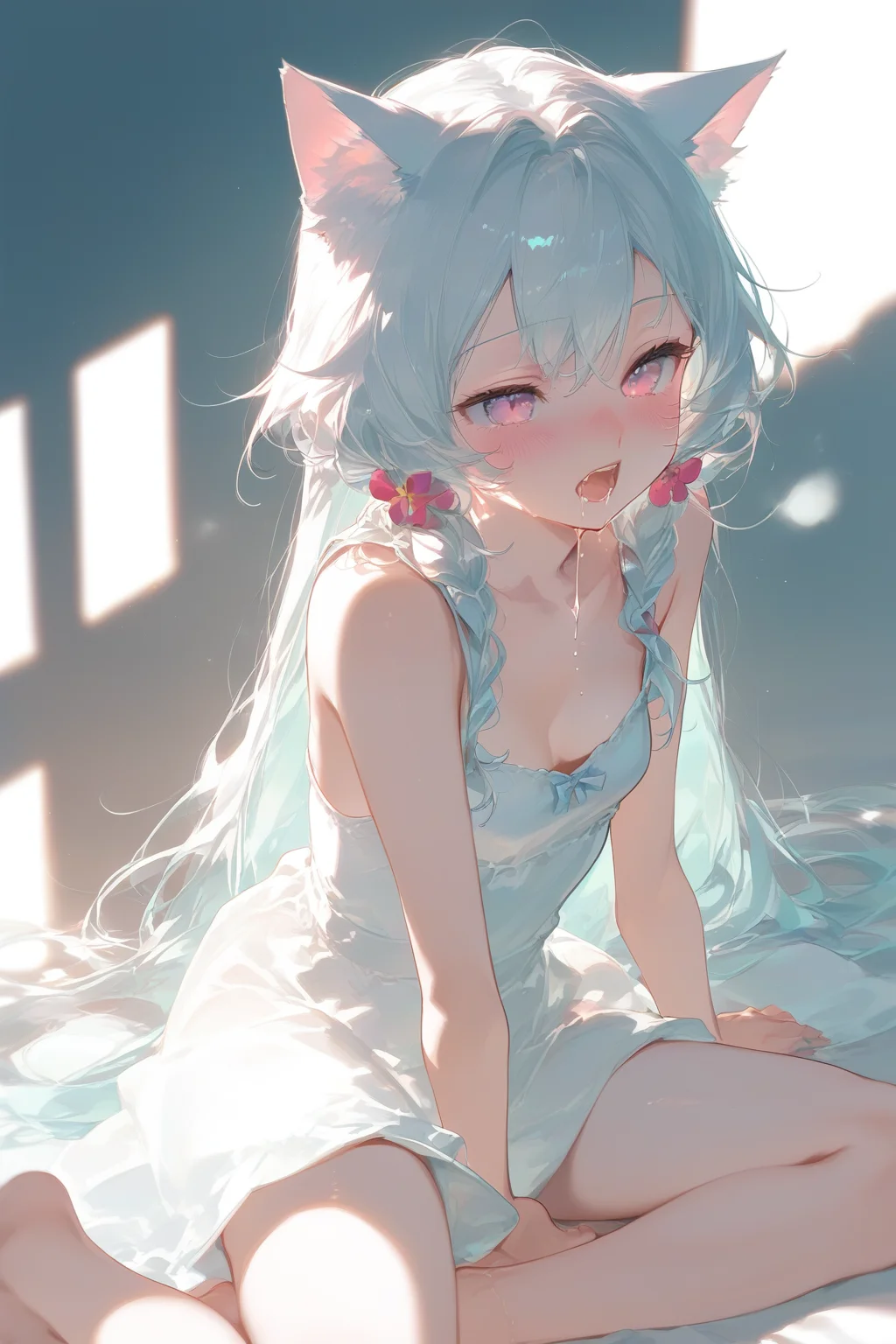 <lora:nyalia air_pony:0.8>, nyalia air, score_9, score_8_up, score_7_up, score_6_up
1girl, cat girl, long hair, barefoot, small breasts, solo focus, blush, sunlight, (open mouth:1.3), saliva drip,