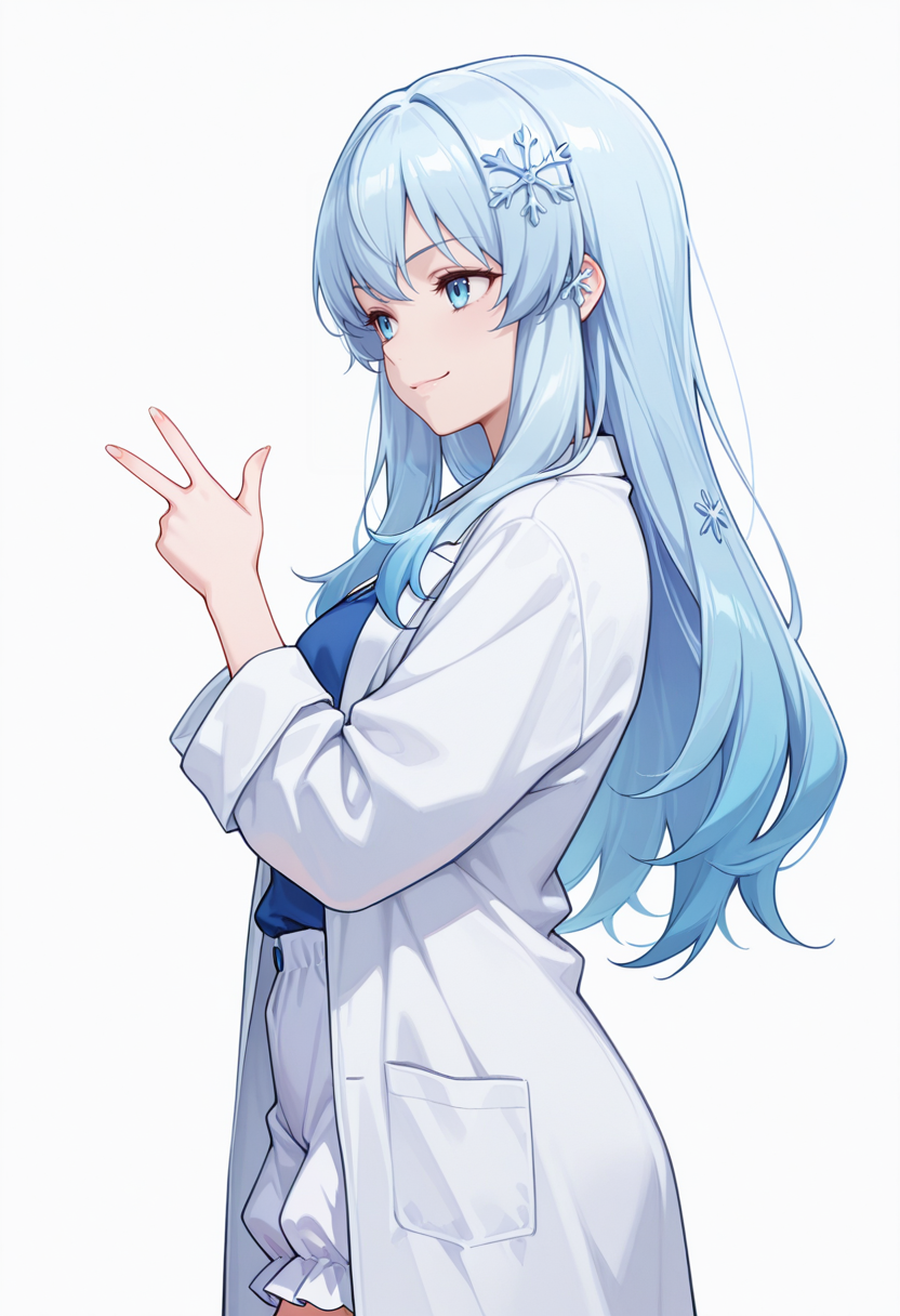 Smooth Quality,masterpiece,very intricate, high quality details, ultra realistic, high detailed skin,detailed enviorement,absurdres,
inward v,
 <lora:Yusa_CNR:0.8> yusa_cnr,1girl, blue hair, long hair, bangs, blue eyes,snowflake hair ornament,gradient hair,, evil smile,, simple background, white background, from side,solo,, shirt, ,lab coat,  ,bloomers,  ,