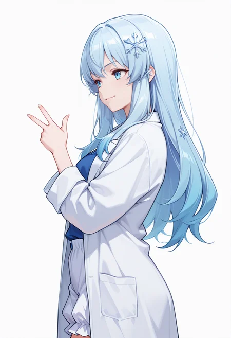 Smooth Quality,masterpiece,very intricate, high quality details, ultra realistic, high detailed skin,detailed enviorement,absurdres,
inward v,
<lora:Yusa_CNR:0.8> yusa_cnr,1girl, blue hair, long hair, bangs, blue eyes,snowflake hair ornament,gradient hair,, evil smile,, simple background, white background, from side,solo,, shirt, ,lab coat, ,bloomers, ,