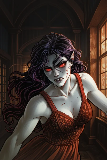 1girl,Female Vampire, bat nose, woman, long eyelashes, Female pale skin,blood, fangs,
Dark, dramatic pose, dramatic, indoors, Digital art, gloomy, macabre style,
s4sh4dow,colorful, <lora:SaShadowArt-illustrious:1>