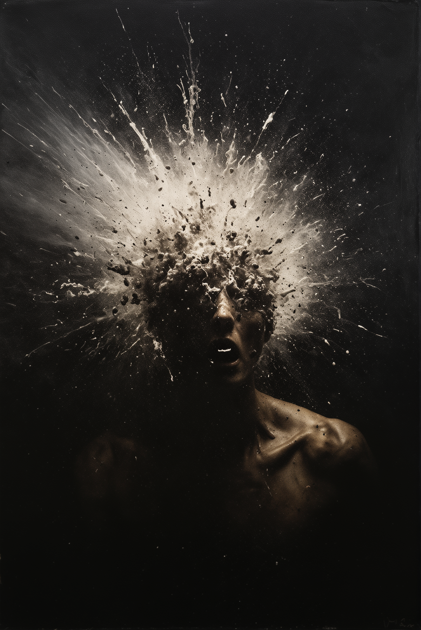 head exploding, chiaroscuro, in the style of Nicola Samori