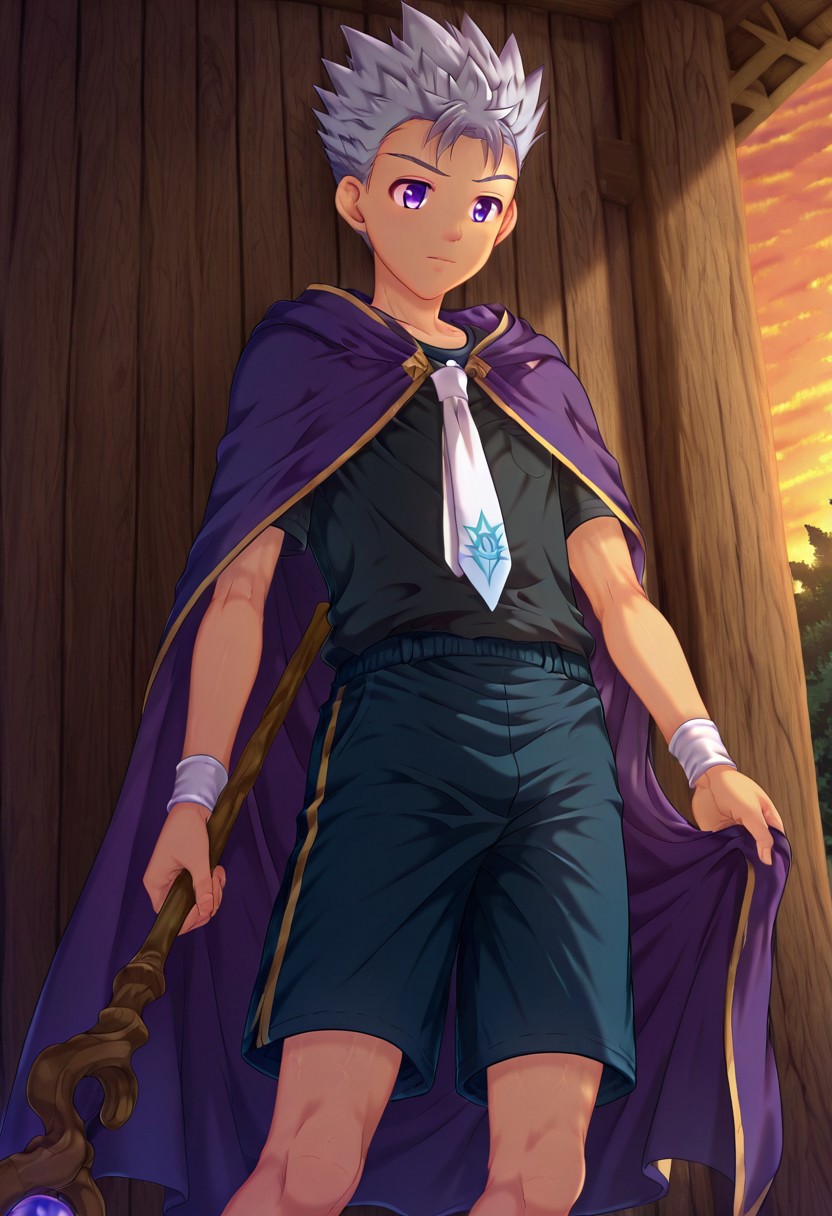 shizuki_takeyo, grey hair, light purple eyes, short hair, spiked hair, teen, young male, 1boy, solo, male focus, large blue wizard hat with white band, long purple cloak with jagged dark yellow trim, black shirt and white tie, tall wooden staff topped with a diamond, perfect hands, perfect eyes, highly detailed, cinematic style, dramatic lighting, detailed draw, detailed eyes, high quality, best quality, high definition