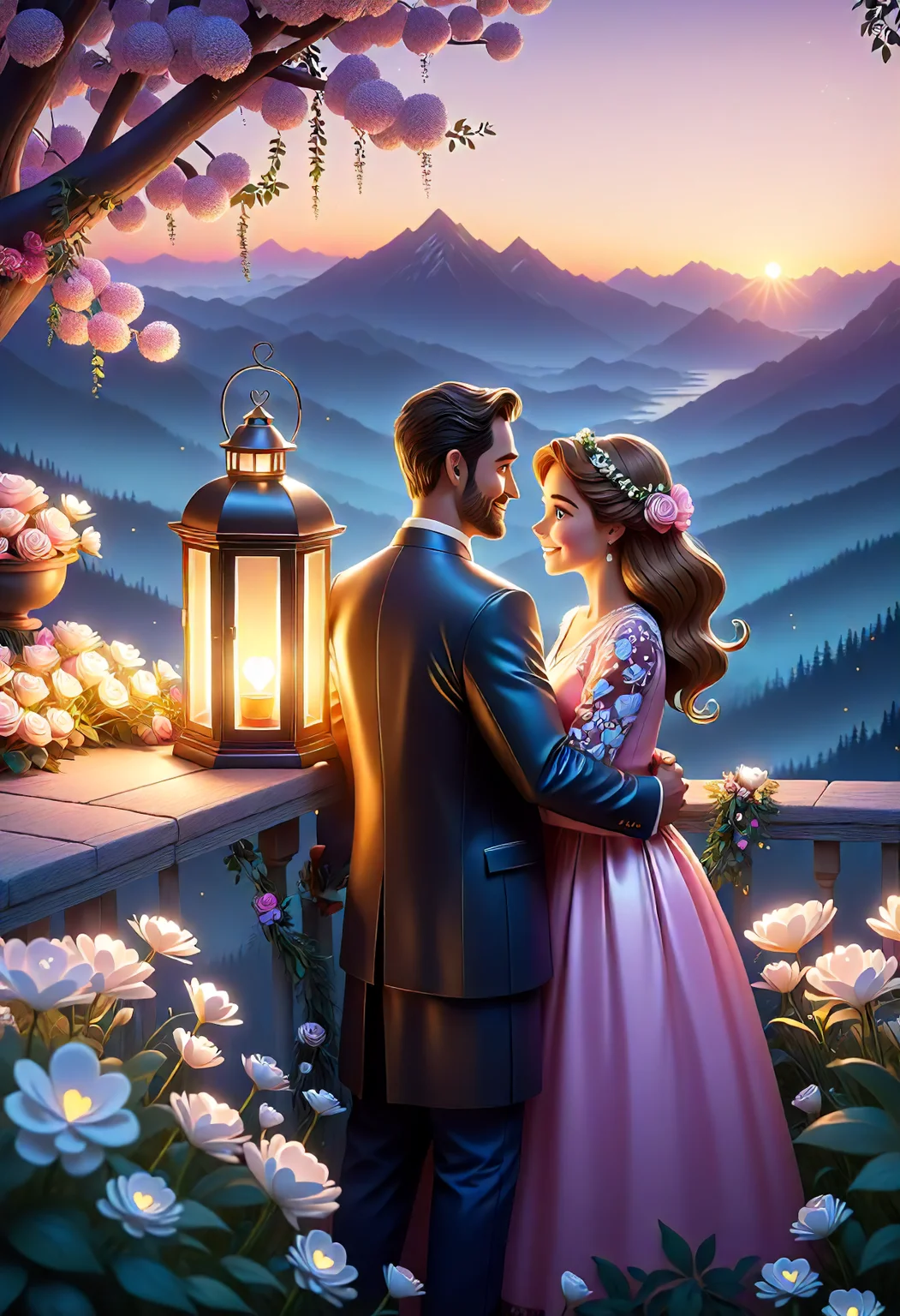 valentines day, cartoon, intimate, flowers, hosting valentine's day party, garden setting, watching the sunrise together from a mountaintop, soft lantern glow <lora:SDXL\DetailedEyes_V3> <lora:ClearHand-V2> <lora:released\DonM3t3rn1tyXL-v1.1-000008>