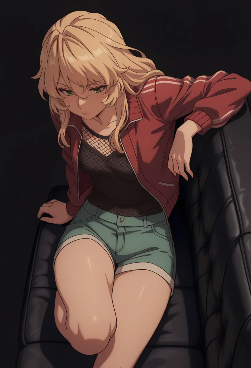 Smooth Quality,masterpiece,very intricate, high quality details, ultra realistic, high detailed skin,detailed enviorement,absurdres,
simple background, dark background,
from above,reclining, one leg over other, arm on backrest, calm, composed, ,disappointed,
<lora:Blade_cnn:0.8>bladecnn,1girl, blonde hair, green eyes, long hair,
jacket, ,fishnet top, ,shorts, ,