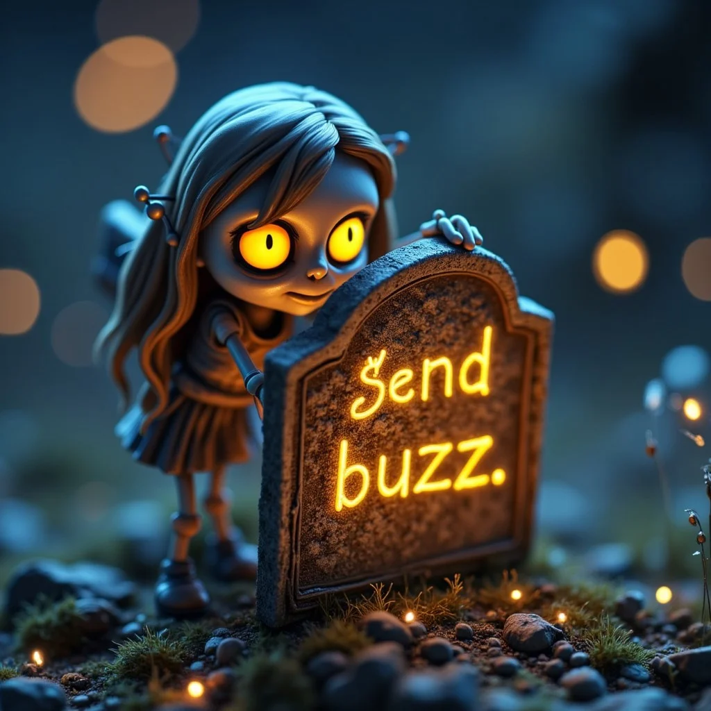 a simsstyle picture, isometric view, low poly, zkeleton
A cute female zombie sim holding up a tombstone.
Engraved in golden glowing letters.
"Send buzz"