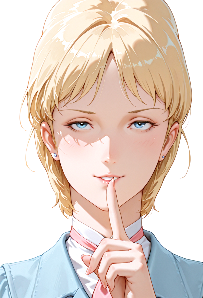 IllusP0s, masterpiece, best quality, amazing quality, very aesthetic, absurdres, newest, ((ultra detailed eyes:1.4)),((ultra detailed hair:1.4)),((Dynamic Angle))
BREAK
1girl, solo, d31kun, astr4ai4_t0r_d31kun,Blonde hair, short hair, dark blue eyes,
blue Casual_wear, Pink tie,
BREAK
((blank background)), ((upper body)), looking at viewer, parted lips, light smile, shushing, very happy, (close up face), eyes
<lora:Astraia_Tor_Deikun_-_GUNDAM_THE_ORIGIN_-_100Percent_-_Manga06:1>