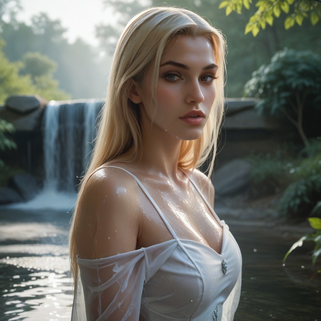 score_9, score_8_up, score_7_up,1girl, Emma frost, sexy, upper body, back, looking at viewer, self-hugging, wet sexy dress, parted lips, in water, small water fountain, in the middle of the forest, fog, morning,