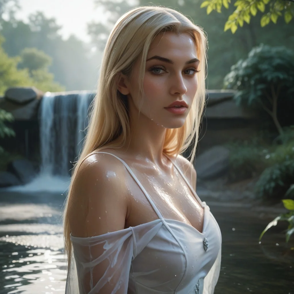 score_9, score_8_up, score_7_up,1girl, Emma frost, sexy, upper body, back, looking at viewer, self-hugging, wet sexy dress, parted lips, in water, small water fountain, in the middle of the forest, fog, morning,