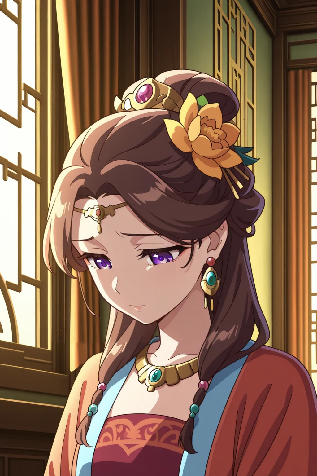 <lora:ApothecaryDiaries:1>, ApothecaryDiaries, 1girl, solo, brown hair, long hair, jewelry, window, earrings, purple eyes, indoors, curtains, hair bun, hair ornament, necklace, looking down, flower, closed mouth, hair flower, sad,
