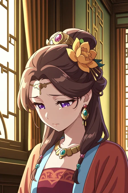 <lora:ApothecaryDiaries:1>, ApothecaryDiaries, 1girl, solo, brown hair, long hair, jewelry, window, earrings, purple eyes, indoors, curtains, hair bun, hair ornament, necklace, looking down, flower, closed mouth, hair flower, sad,