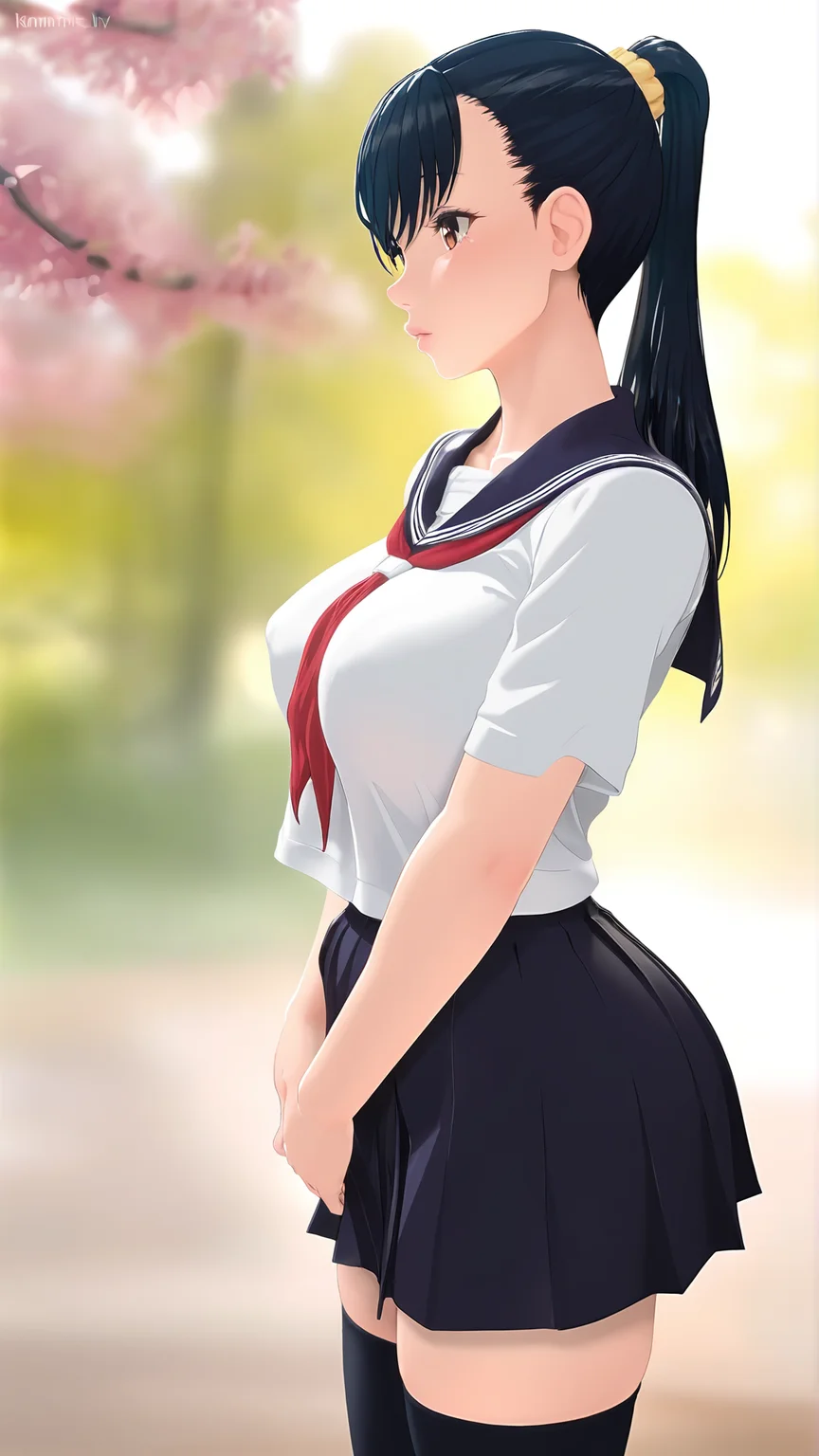 amazing quality,absurdres,best quality,masterpiece,highres,newest,detailed,detailed body,detailed face,masterpiece,best quality,solo,3d,realistic,
yumi,1girl,solo,school uniform,black hair,serafuku,ponytail,brown eyes,upper body,breasts,red neckerchief,blurry background,black thighhighs,<lora:yumi:1>,