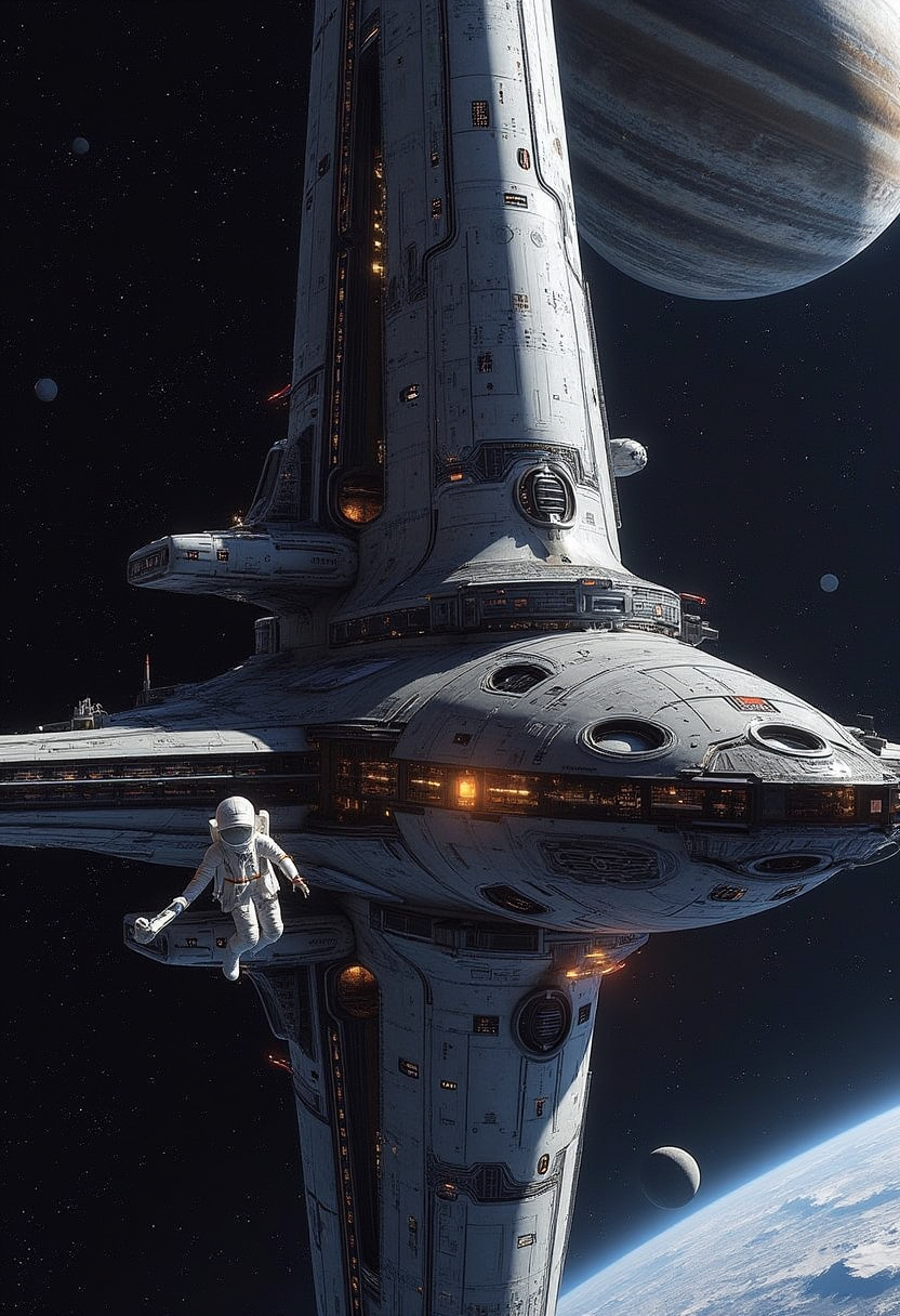yfg-taal A large spaceship, its hull adorned with metallic panels and solar panels, docks at an orbiting space station, with a planet's ring system visible in the background, and two astronauts in spacesuits are emerging from the ship, one of them is holding a small probe that glints in the sunlight, as the stars and blackness of space stretch out behind them.