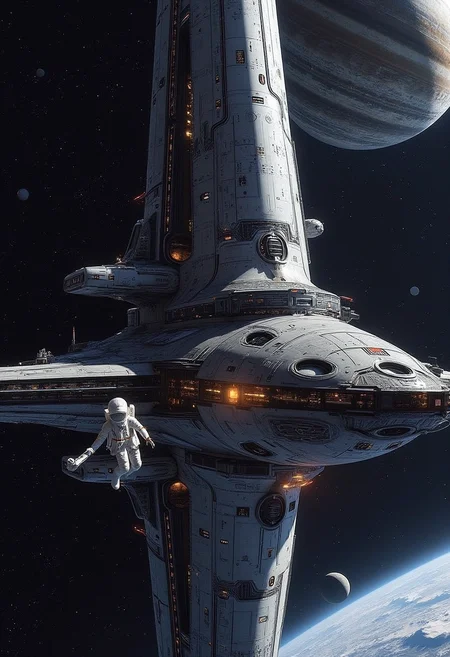yfg-taal A large spaceship, its hull adorned with metallic panels and solar panels, docks at an orbiting space station, with a planet's ring system visible in the background, and two astronauts in spacesuits are emerging from the ship, one of them is holding a small probe that glints in the sunlight, as the stars and blackness of space stretch out behind them.