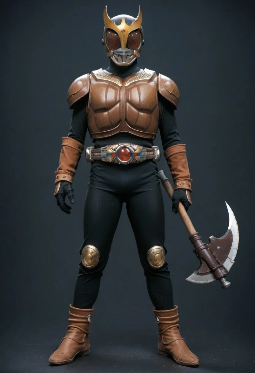 score_9, score_8, score_7, full body, solo, Brown armor, black bodysuit, Brown eyes, axe, holding axe: helmet, tokusatsu, belt