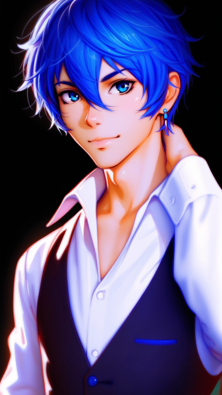 Kuvshinov_Ilya, niji3d, aromasensei, 748cm, beitemian, wlopwangling, ttguweiz, fugtrup, score_9, score_8_up, score_7_up, solo, looking at viewer, short hair, bangs, blue eyes, simple background, shirt, long sleeves, 1boy, hair between eyes, jewelry, closed mouth, blue hair, jacket, white shirt, upper body, male focus, earrings, collared shirt, vest, formal, suit, black background, male child