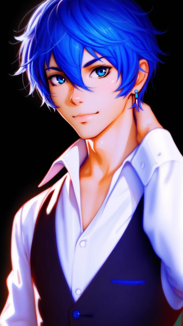 Kuvshinov_Ilya, niji3d, aromasensei, 748cm, beitemian, wlopwangling, ttguweiz, fugtrup, score_9, score_8_up, score_7_up, solo, looking at viewer, short hair, bangs, blue eyes, simple background, shirt, long sleeves, 1boy, hair between eyes, jewelry, closed mouth, blue hair, jacket, white shirt, upper body, male focus, earrings, collared shirt, vest, formal, suit, black background, male child