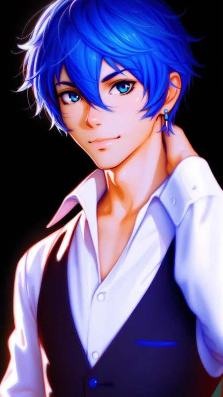 Kuvshinov_Ilya, niji3d, aromasensei, 748cm, beitemian, wlopwangling, ttguweiz, fugtrup, score_9, score_8_up, score_7_up, solo, looking at viewer, short hair, bangs, blue eyes, simple background, shirt, long sleeves, 1boy, hair between eyes, jewelry, closed mouth, blue hair, jacket, white shirt, upper body, male focus, earrings, collared shirt, vest, formal, suit, black background, male child