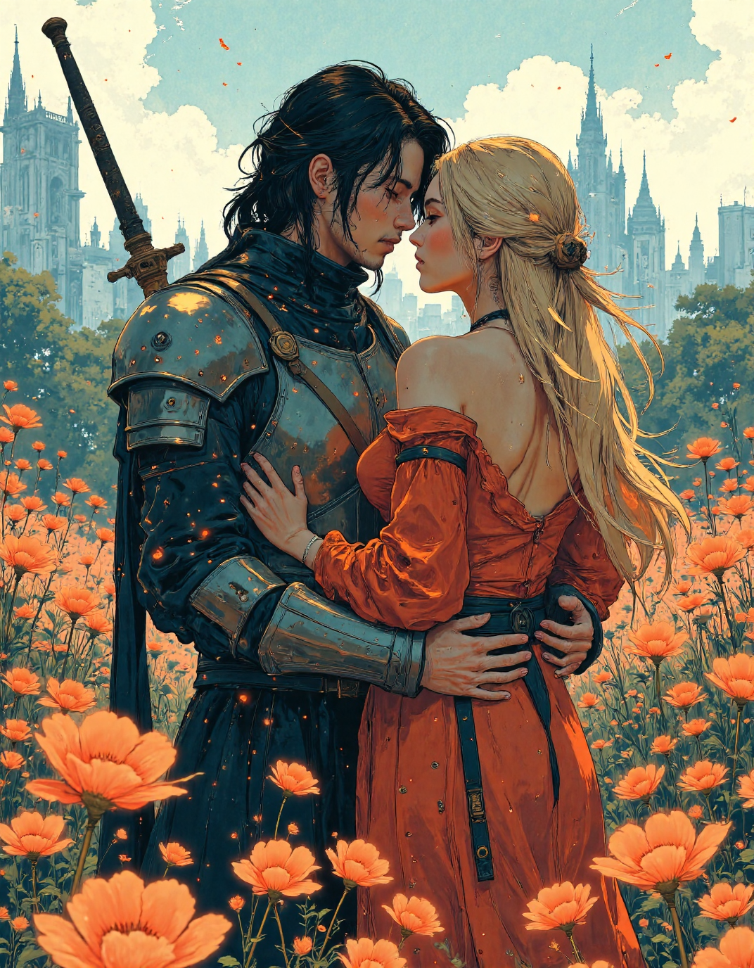Embrace in a field of poppies: A dark, imposing knight in full plate armor with a large sword on his back embraces a woman with long, blonde hair and a flowing crimson dress. The background features a detailed medieval city with a prominent cathedral, rendered in soft, hazy tones. The dominant colors are red, black, gold, and muted greens and blues. The style is reminiscent of classic fantasy art with a touch of impressionism in the background. Medium shot, slightly low angle, emphasizing the knight's imposing presence. Digital painting, highly detailed, <lora:ìë¦ëµê³ _ì°ìí_r1:0.6>, <lora:ìë¬µí:0.6>, <lora:FantasyWizardWitchesFluxV2-000001:0.8>