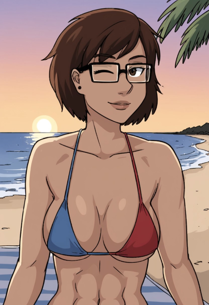(fine texture, masterpiece, ultra-detailed, very awa, best quality, very aesthetic, absurdres, newest, volumetric lighting, scenery, score_9, score_8_up, score_7_up), BREAK,
1girl, qc, /faye/, sexy, short brown hair, brown eyes, large natural breasts, thick, toned, strong, collarbone, glasses, BREAK, 
two-piece bikini, polka dots, lying on a beach towel, seductive pose, playful expression, looking at viewer, (one eye closed, wink:1.4), BREAK, 
outdoors, golden hour lighting, beach, (palm trees:1.2), sunset reflecting on water, umbrella in the background, BREAK,