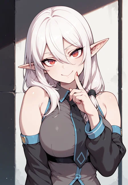 masterpiece, best quality, amazing quality, 1girl, solo, elf ears, white hair, hair between eyes, long hair, red eyes, big, breasts,
:>,arm at side,bare shoulders,black sleeves,blue trim,closed mouth,collared shirt,detached sleeves,finger to cheek,finger to own chin,grey shirt,hair over shoulder,hand up,head tilt,long sleeves,looking at viewer,nail polish,necktie,painterly,shirt,sleeveless,sleeveless shirt,smile,upper body,