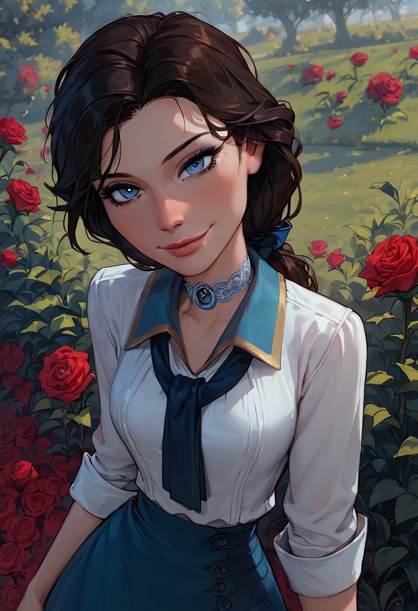 score_9, score_8_up, score_7_up, score_6_up, 1girl, 25 years old, perfect face, cute, petite, blue eyes, lace, park, green garden, seductive smile, come hither, naughty face, looking at viewer, dynamic angle, red roses, ELIZABETH2, low ponytail, tie, collared shirt, white shirt, skirt, blue eyes, hearts, holding rose