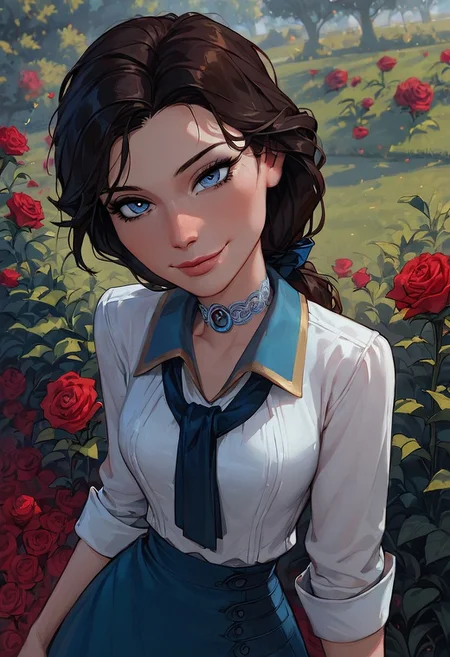 score_9, score_8_up, score_7_up, score_6_up, 1girl, 25 years old, perfect face, cute, petite, blue eyes, lace, park, green garden, seductive smile, come hither, naughty face, looking at viewer, dynamic angle, red roses, ELIZABETH2, low ponytail, tie, collared shirt, white shirt, skirt, blue eyes, hearts, holding rose
