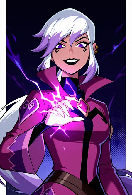 <lora:charmov:1> charmov, long hair, ponytail, , white hair,, 1girl, multicolored hair, purple eyes, ear piercing, two-tone hair, makeup, solo, long sleeves, black lips, purple jacket, long jacket, popped collar, facial expression, dynamic pose, magic, evil smile, evil grin, lookign at viewer,, masterpiece, best quality, amazing quality, very aesthetic, absurdres, newest,, upper body, halftone effect, white borders, abstract background:1.2,