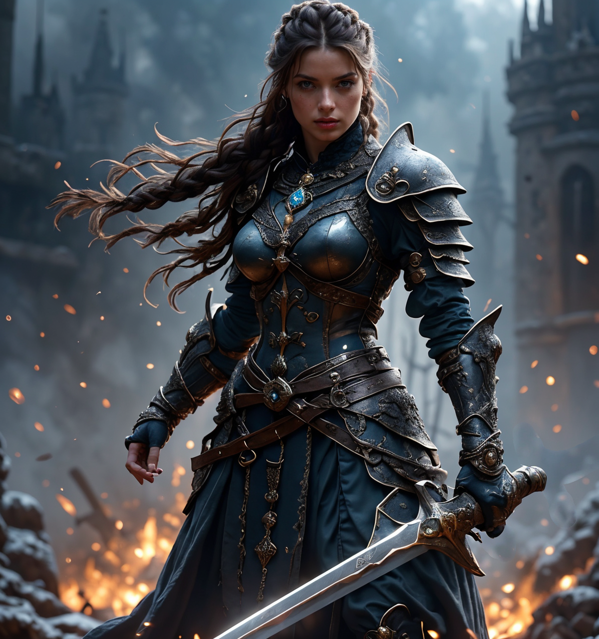 RAW photo, (masterpiece:1.3), subsurface scattering, heavy shadow, (high quality:1.4), (intricate, high detail:1.2), professional photography, HDR, High Dynamic Range, realistic, ultra realistic, photorealistic, high resolution, film photography, ambient lighting, atmospheric effects, <lora:detail_slider_v4:2>, OverallDetail,  <lora:FemaleWarrior:1>, 1girl, armor, belt, blue eyes, blurry, braid, breastplate, breasts, brown hair, femwa, fire, gauntlets, holding, holding sword, holding weapon, jewelry, knife, lips, long hair, looking at viewer, medium breasts, necklace, outdoors, pauldrons, plate armor, scar on face, shoulder armor, solo, standing, sword, weapon