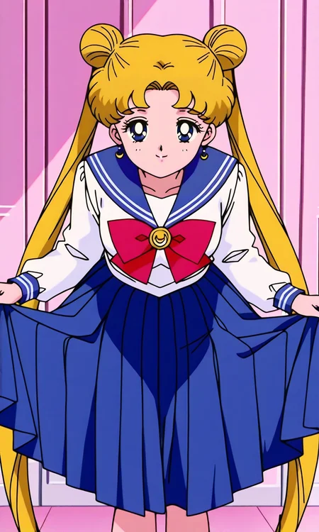 highly detailed, 1girl, official style, anime screenshot, anime coloring, tsukino usagi, blonde hair, blue eyes, double bun, hair bun, long hair, twintails, parted bangs, retro artstyle, serafuku, white shirt, long sleeves, blue skirt, pleated skirt, long skirt, skirt hold, curtsey, leaning forward, smile