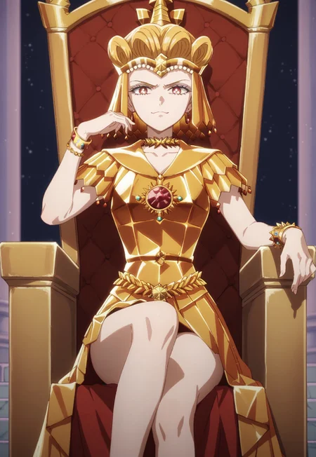 score_9,score_8_up,score_7_up, Sailor_GalaxiaXL1, Red eyes, blonde hair,jewelry, golden armor, bracelet, choker,crown, throne, sits on the throne, looking at viewer, smug,