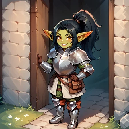 1girl, black hair, ponytail, sharp teeth, enormous lips, medieval armor, closeup, goblin woman, green skin, medieval clothes, large smile, (boisterous smile, mischievous smile), Expressiveh, yellow eyes, very muscular, pointed ears,  female goblin, Goblin, solo, long hair, gremlin energy, very short woman, mega ponytail, fully clothed, short stature, shortstack, ((armored boots, boots, shoulder armor, armor, pants, greaves, gloves, long sleeves)), broad shoulders, huge arms, Knight