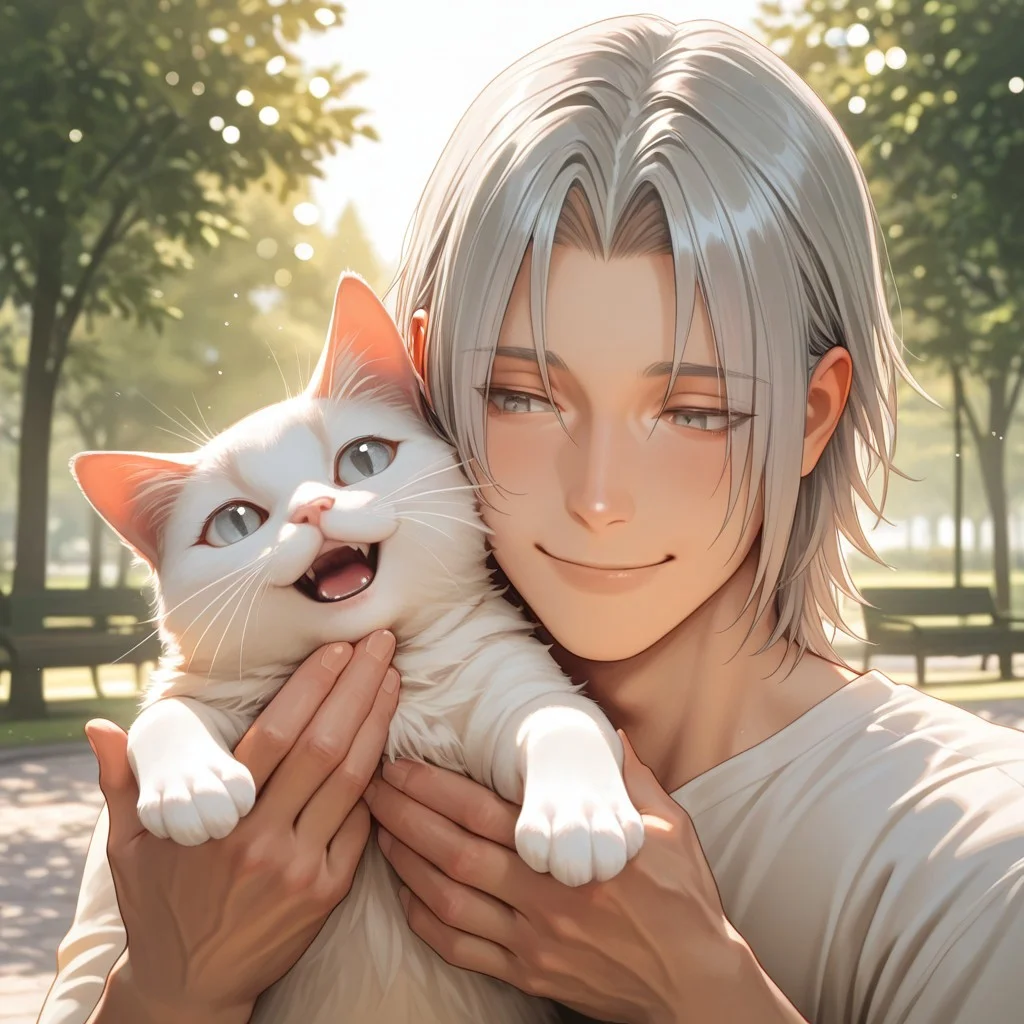 masterpiece, best quality, amazing quality, absurdres, newest, detailed background, definition so sharp, Ultra-HD, 8K cinematic, very awa, impressionate, amazing quality, highres,
solo, male focus, manly,
yashiroisana, 1boy, short hair, parted bangs, shiro_pretime, shiro_grey hair, shiro_grey eyes, smiling, interacting with pet, white cat, playful gesture, calm, park, sunny day, soft bokeh, aesthetic, friendly, joyful, energetic