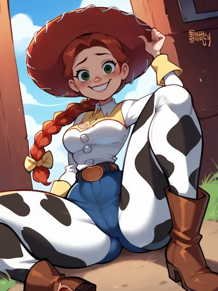 score_9, score_8_up, score_7_up, score_6_up, JessieXLP sitting on the ground, spread legs, cameltoe, smile, nervous, hat, red hair, braid, bow, belt, animal print, cow print, pants, boots, medium breasts, narrow waist, wide hips, thick thighs, looking at viewer, cowboy shot, cartoon, dynamic pose, smile, cute, wide shot, solo, farm, disney, from below, dutch angle, 
 <lora:JessieXLP_character:1>  <lora:BlushySDXL:0.8> blushyspicy,