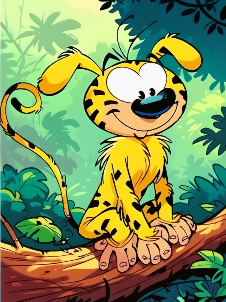 score_9, score_8_up, score_7_up, 1boy, sitting on a tree, vegetation, smile, cute, leafs, 
 <lora:AMarsupilami_character:1>,Marsupilami, yellow skin, monkey tail, black eyes,