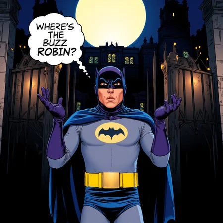 1960's Batman in his classic blue and gray suit, standing in front of the ominous gates of Arkham Prison. His hands are raised in a shrugging gesture, with a perplexed expression on his face. The setting is dark and moody, with a gothic-style prison building in the background, illuminated by a full moon. A speech bubble above his head contains the text "Where's the Buzz Robin?" Highly detailed comic book style, inspired by the retro aesthetics of the Adam West Batman era.
aidmatextimprover, ff-comic