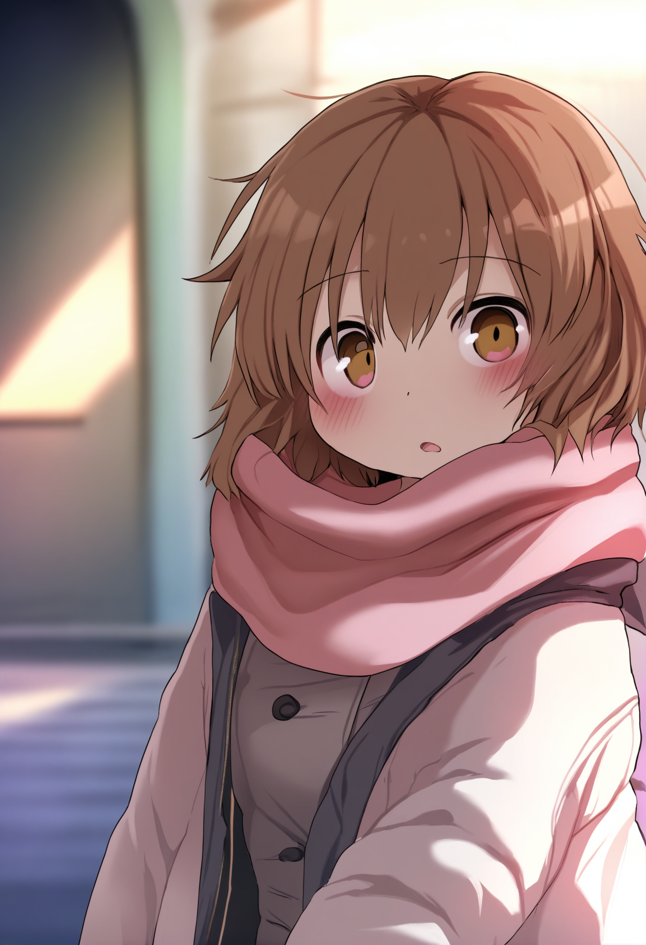 masterpiece, hyper detailed, best quality,(furry:1.3),1girl, solo, looking at viewer, upper body, brown hair, open mouth, bangs, chromatic aberration, coat, brown eyes, short hair, parted lips, scarf  ,<lora:DAGASIXLlokr8f-000188:0.95>