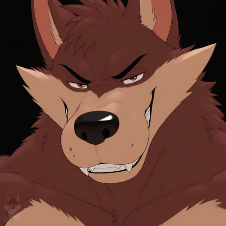 masterpiece, detailed background, best quality, absurd res, high detail, aesthetic, detailed fur, detailed hair, smooth drawing,
BREAK
HankHowel, furry male anthro wolf, bara, brown fur, 1boy, tan fur, smug, fangs,
Black background, face focus,