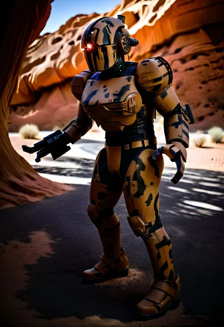 easynegative, extremely detailed, dark, chiaroscuro, low-key, AssaultronCosplay, zavy-strps, ral-camo, a brown assaultron robot, ((the assaultron has tan stripes painted on its armor)), ((tiger stripe pattern)), in the deserts of Arizona