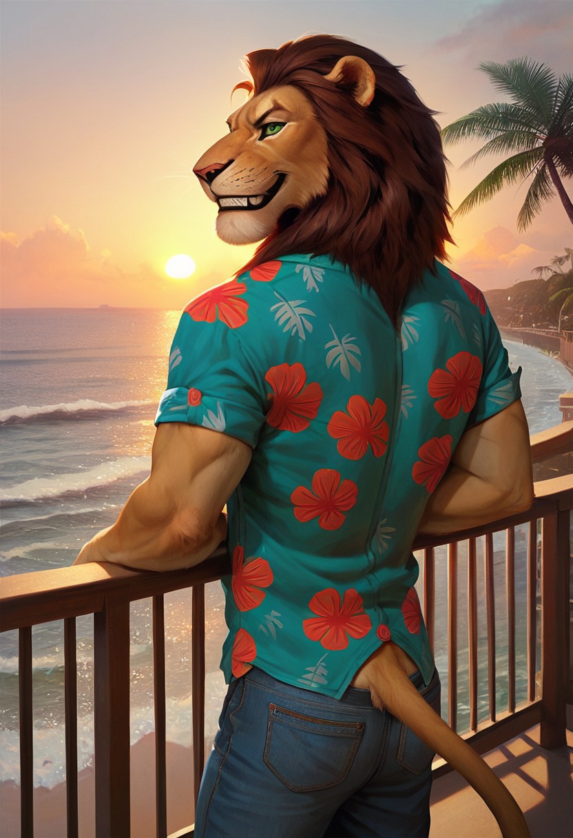 (Furry), Lion, male, green eyes, evil grin, lion tail, 
light-blue shirt, Hawaiian shirt, jeans, rolled up sleeves, 
balcony, palm trees, ocean, waves, 
back view, leaning on railing, looking over shoulder,
ray tracing, photo realistic, good shadows, score_9, score_8_up, score_7_up,
