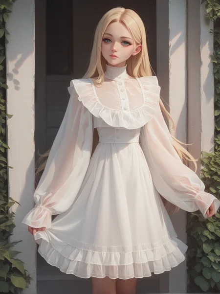 score_9, score_8_up, score_7_up, score_6_up, <lora:cutesy_dress_v0.2-pony:1> 
1girl, blonde hair, long hair, 
white dress, frilled dress, sleeves past wrists, see-through, looking at viewer,