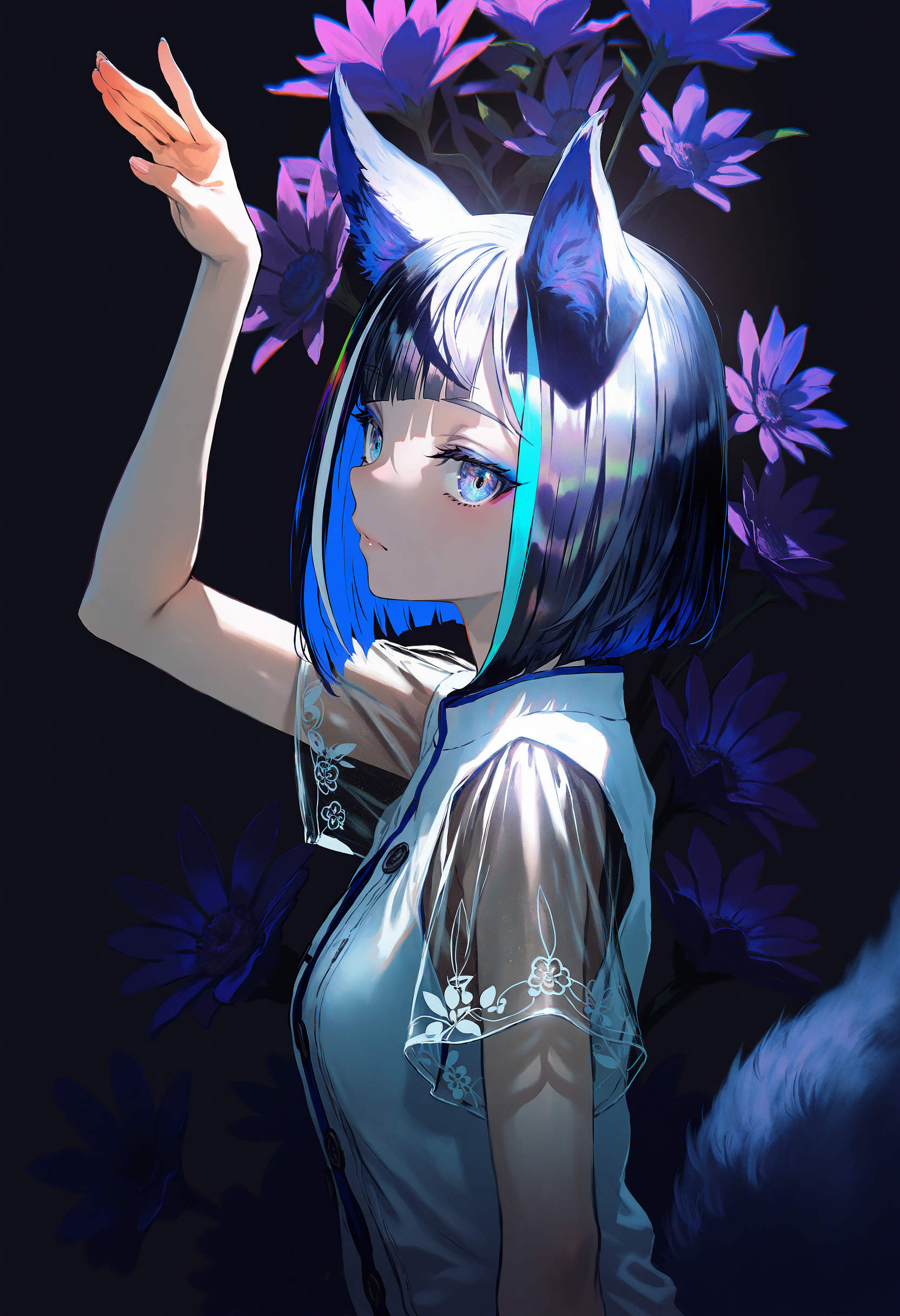by lack|fuzichoco|lam|kinta \(distortion\)|wlop|quasarcake|nixeu|happoubi jin,
phony_(cevio), 1girl, arm up, puple hair, streaked hair, blue eyes, bob cut, closed mouth, expressionless, hand up, looking at viewer, rabbit pose, short hair, short sleeves, simple background, solo, upper body,
floral background, purple flower, dark, black background, purple background, split theme, fox tail, tree shade, dappled moonlight, from side, dutch angle,
masterpiece, best quality, very aesthetic, absurdres
<lora:illustrious_quality_modifiers_masterpieces_v1:1>
<lora:illustrious_noobai_epsilon_pred_1_best_quality_v1:1>