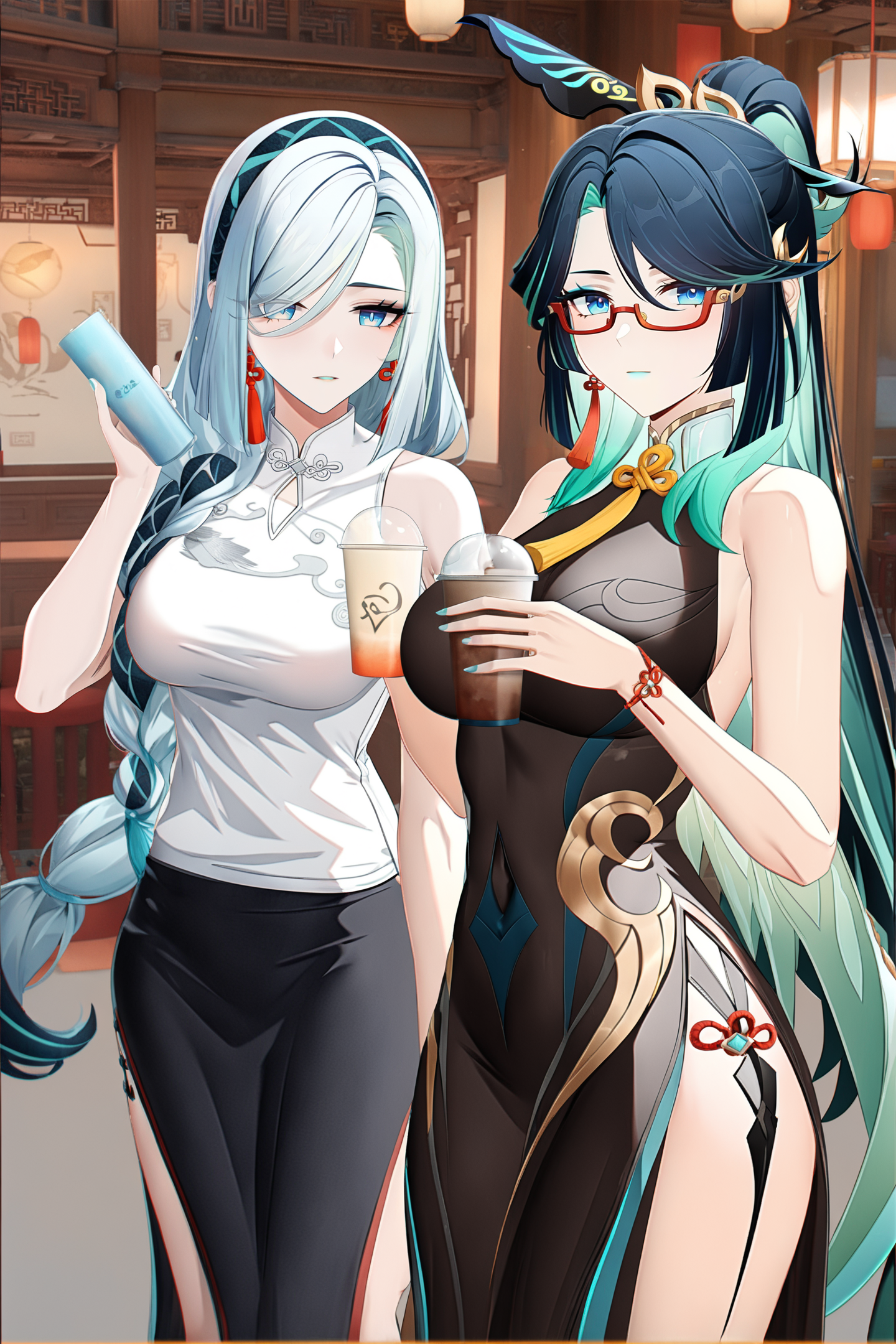 8k, best quality, masterpiece, (ultra-detailed:1.1), (high detailed skin), 
<lora:ganshenxian-A3-Tanger-000010:0.8>, 2girls, Xianyun \(genshin impact\), Xianyun's def clothes, shenhe \(genshin impact\),shenhe's casual clothes, long hair, skirt, glasses, breasts, blue eyes,