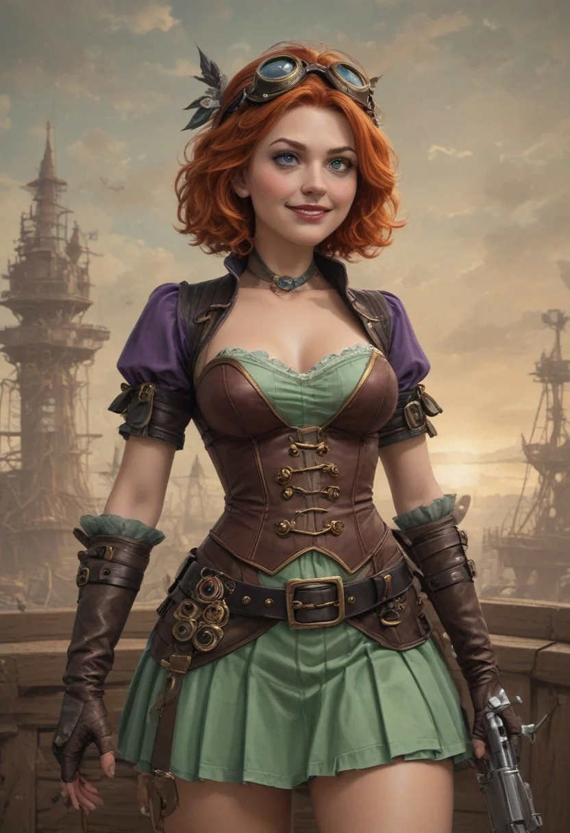 curvy, plump cosplay model picture of beautiful and sexy ginger hair 18 yo girl as a steampunk sky pirate, vignette, highly detailed, Hollywood movie, film grain, ultra realistic, ((medium shot)), standing on the deck of steampunk airship, wearing green lacy corset, short purple sleeves, leather belt, many pockets leather bracelets, googles on her forhead, mocking smile, slim body, medium breasts, blue eyes, beautiful face, short skirt, lacy gloves, steampunk gadgets, detailed pupils, detailed eyes, holding ornate revolver in her hand,